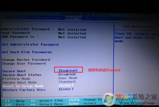 Secure Boot回車設(shè)置成Disabled