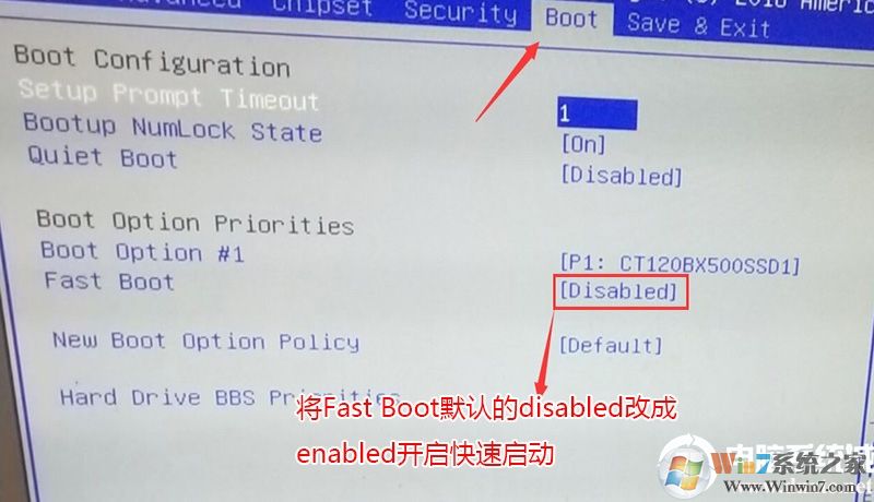 將Fast Boot默認(rèn)的disabled改成enabled，開啟快速啟動,