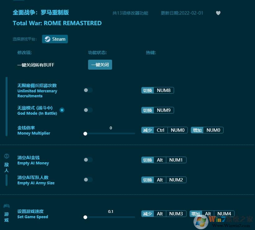 全面戰(zhàn)爭(zhēng)羅馬重制版十三項(xiàng)修改器