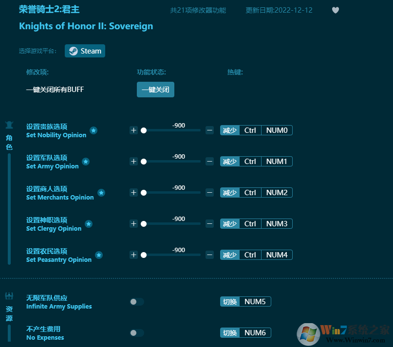 榮譽騎士2君主21項修改器 v2023 Steam通用版