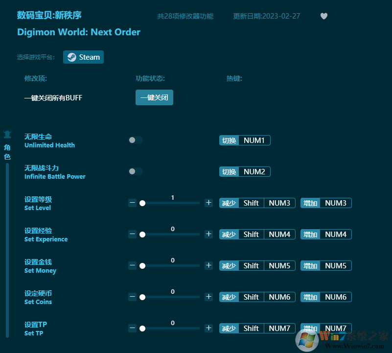 數(shù)碼寶貝世界新秩序二十八項(xiàng)修改器 v2023.3最新版