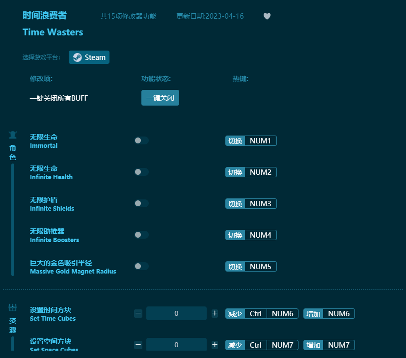 時間浪費(fèi)者十五項修改器 v2023最新版